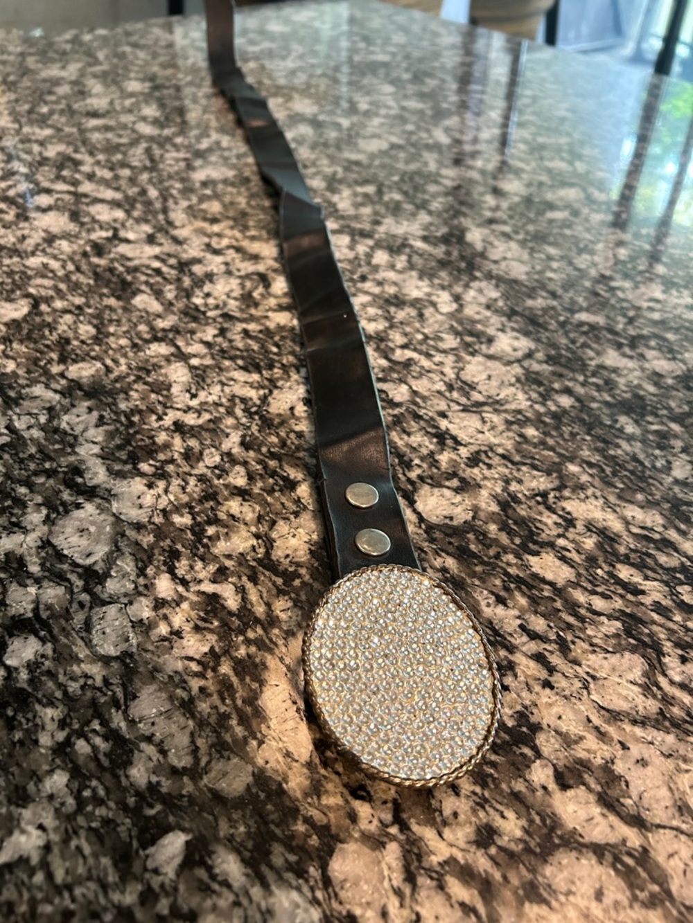 Black Leather Belt with Crystal Oval Buckle - Fashion Accessory